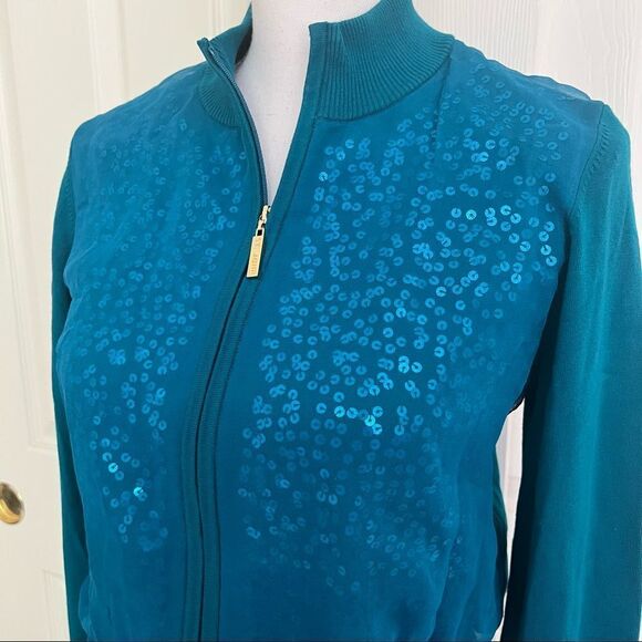 St. John Sheer Sequin Zip Cardigan Sweater Baltic Blue Small MSRP $695 - Picture 2 of 10